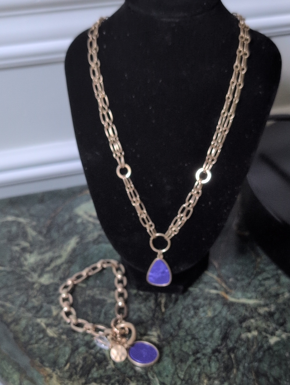 Plunder Gold-Tone Necklace & Bracelet Set with Blue Stone Pendant
